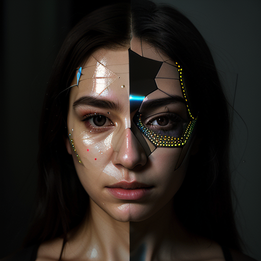A fractured, distorted reflection of a human face within a complex network of glowing algorithms.